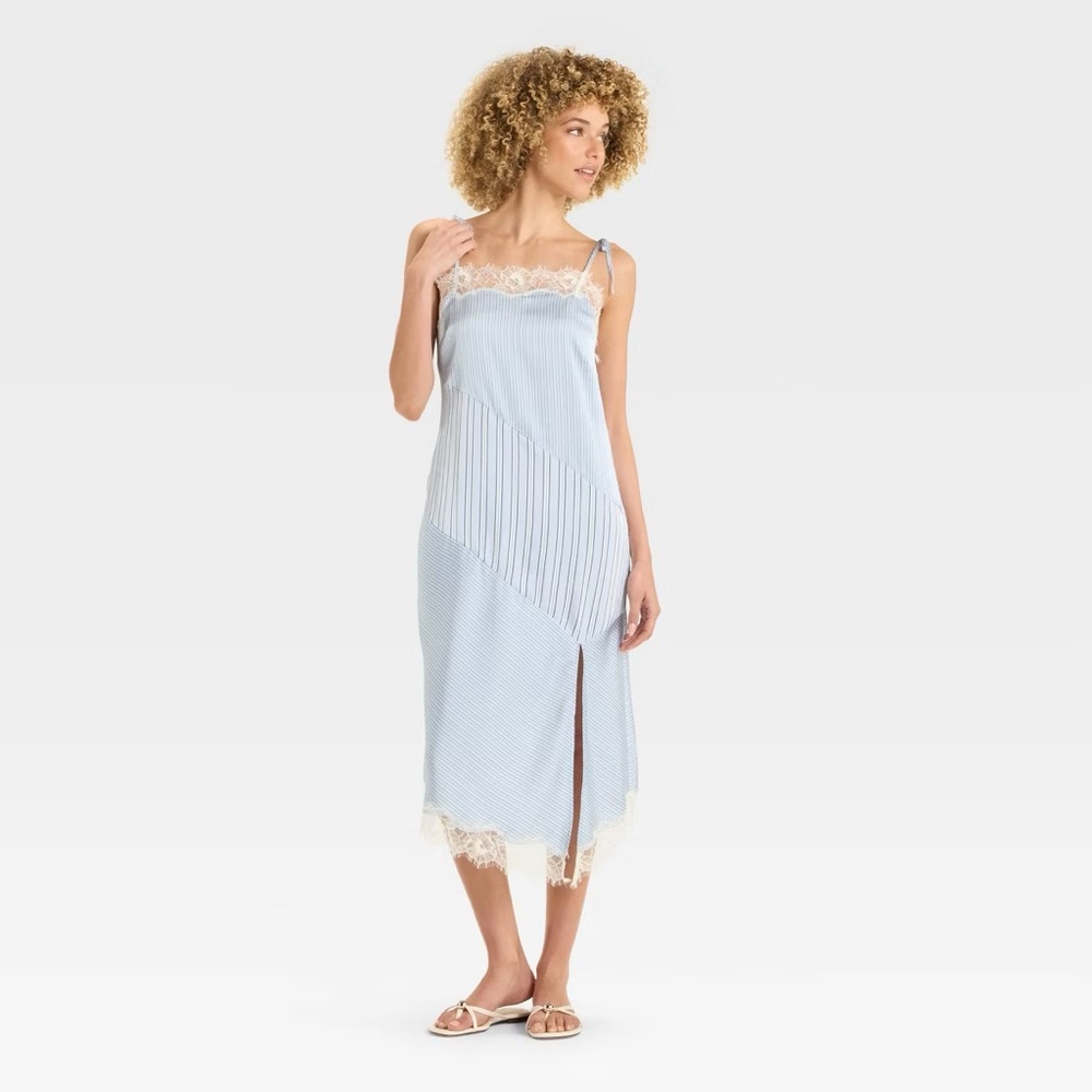Future Collective Women's Lace Trim  Mixed Blue Stripe Midi Slip Dress
